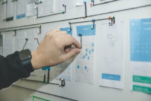 A hand building a customer journey map on a pinboard.